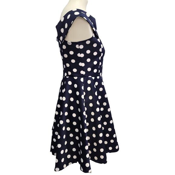 New No Boundaries Juniors Large 11/13 Navy Off Shoulder Polka Dot Skater Dress - Picture 3 of 5